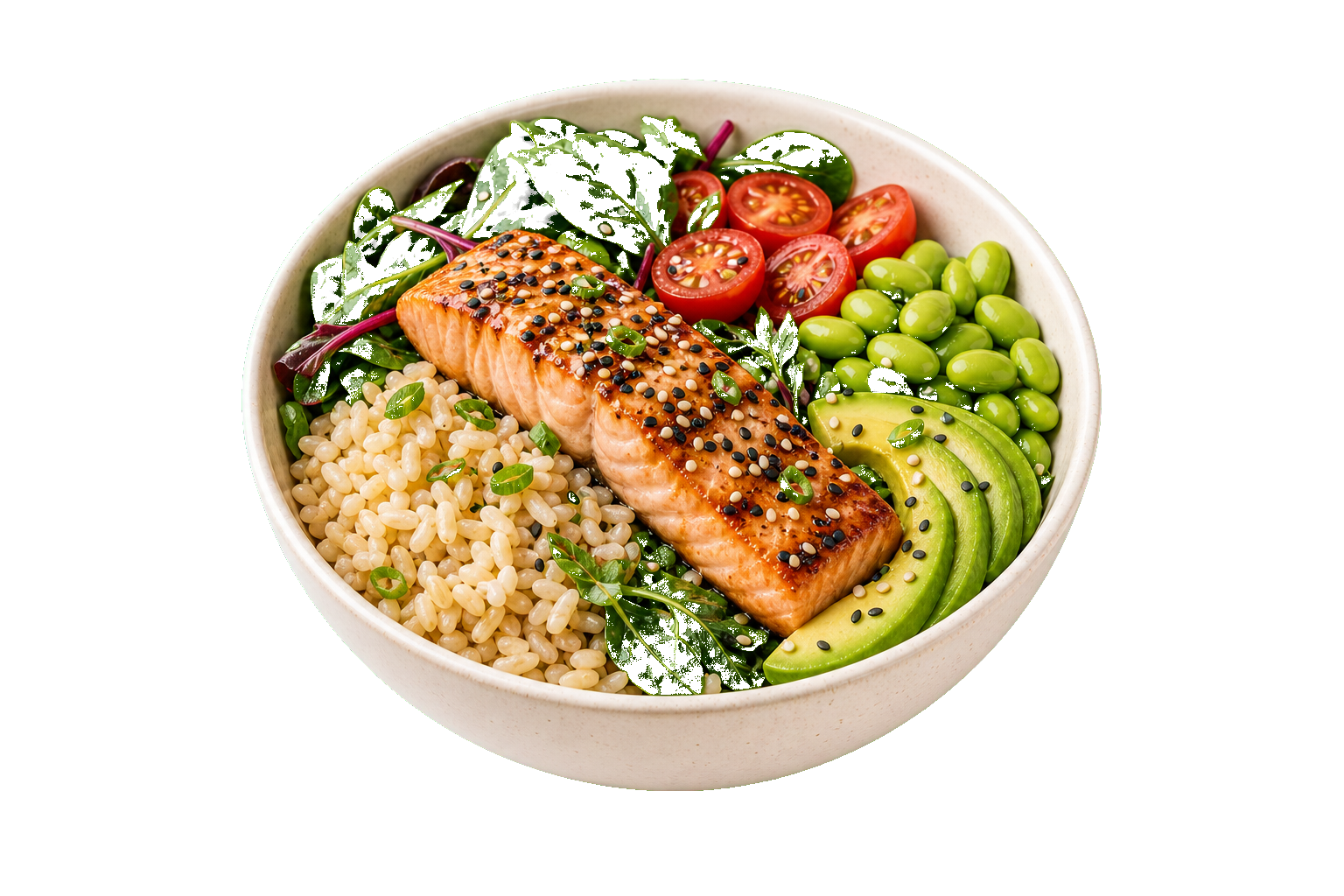 Miso salmon bowl with edamame, avocado and brown rice